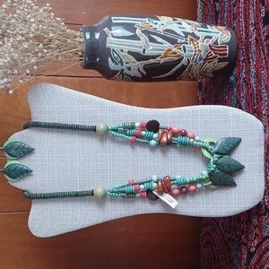 Artisan Made In Phillipines Multi-Strand Wood&Seed Beaded Necklace/Earrings Set